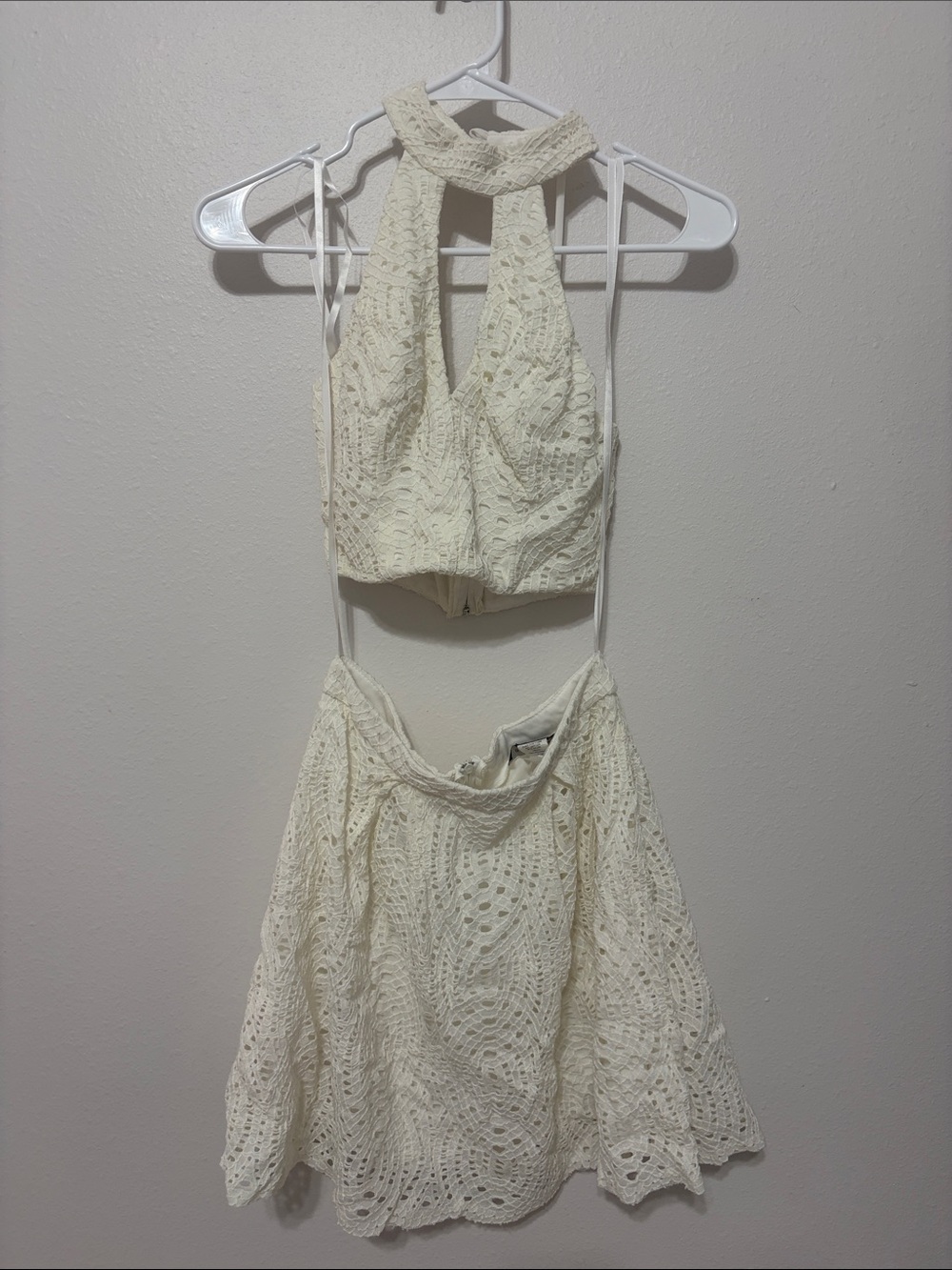 B Darlin Cream Crochet Backless Two-Piece Dress